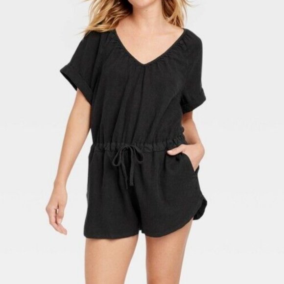 Universal Thread Black Linen Blend Romper Size XS Pockets V Neck Tie Waist - Picture 1 of 13
